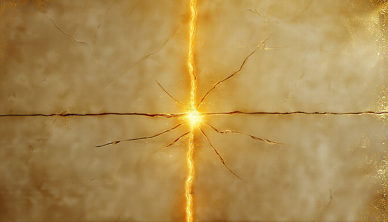 A crack in a stone floor with gold light inside the lines