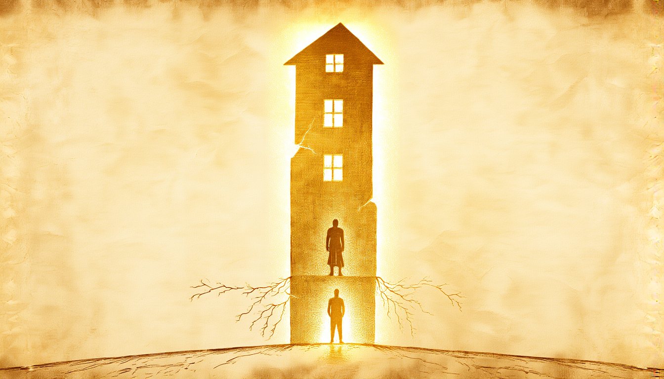 A house with a crack running through it, a small figure standing before it